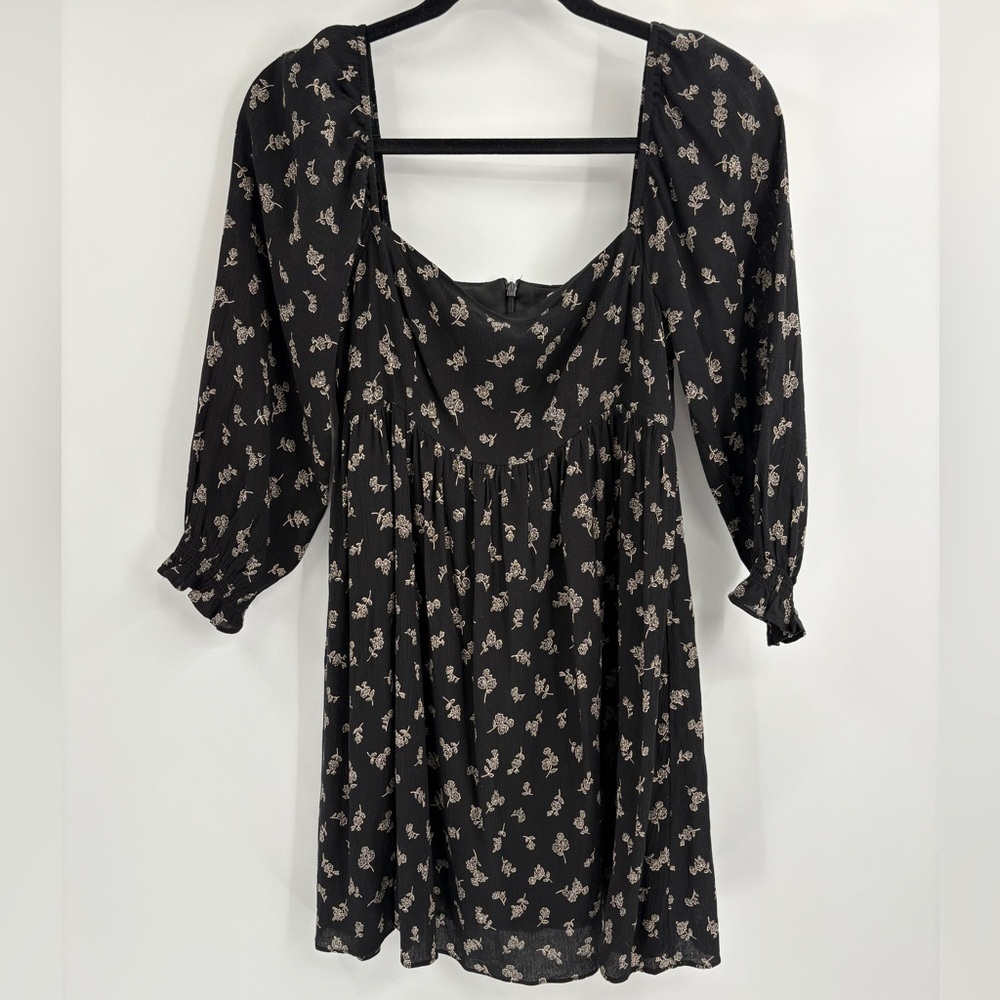Altar’d State Black Puff Long Party Casual Sleeve Midi Square Neck Dress Small